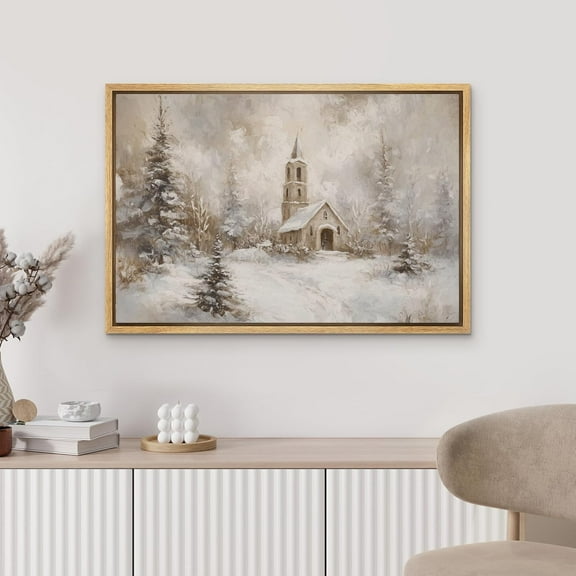 IDEA4WALL Framed Canvas Art Wall Decor Winter Church Scene Rustic Snowy Landscape Pastel Painting Realism Expressive Dark Black and White Print for Dorm Home Office - 24"x36" Natural