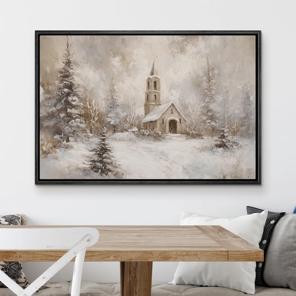 IDEA4WALL Framed Canvas Art Wall Decor Winter Church Scene Rustic Snowy Landscape Pastel Painting Realism Expressive Dark Black and White Print for Dorm Home Office - 24"x36" Black