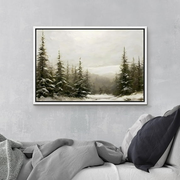 IDEA4WALL Framed Canvas Art Wall Decor Winter Pine Forest Landscape Minimalist Nature Wilderness Antique Retro Fine Art Illustrations for Dorm Home Office - 16"x24" White