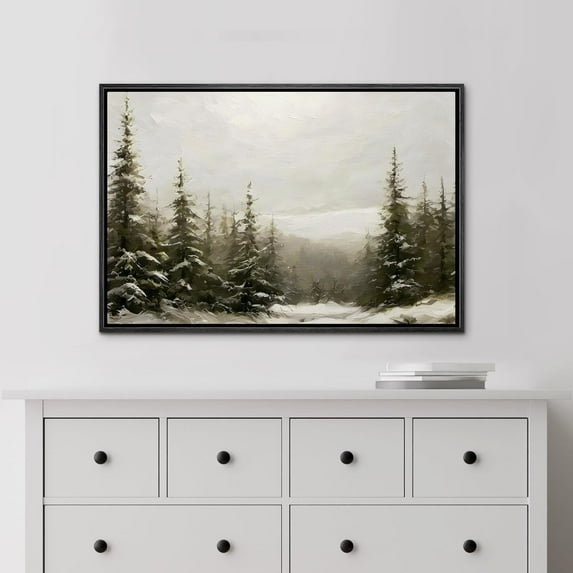 IDEA4WALL Framed Canvas Art Wall Decor Winter Pine Forest Landscape Minimalist Nature Wilderness Antique Retro Fine Art Illustrations for Dorm Home Office - 16"x24" Black