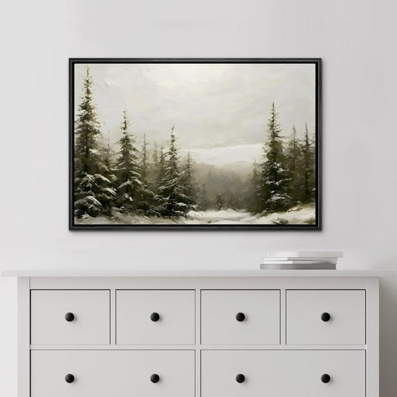 IDEA4WALL Framed Canvas Art Wall Decor Winter Pine Forest Landscape Minimalist Nature Wilderness Antique Retro Fine Art Illustrations for Dorm Home Office - 24"x36" Black