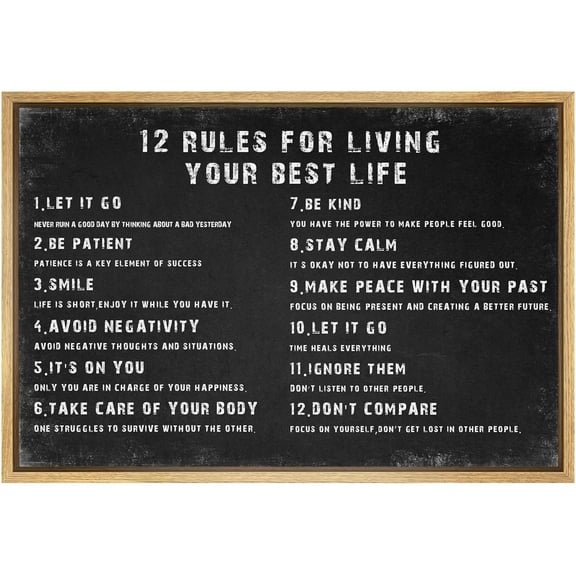 IDEA4WALL Framed Canvas Print 12 Rules for Living Your Best Life Inspirational Guide Illustrations Wall Art Contemporary Relax/Calm Artwork for Living Room, Bedroom, Office - 24"x36" NATURAL