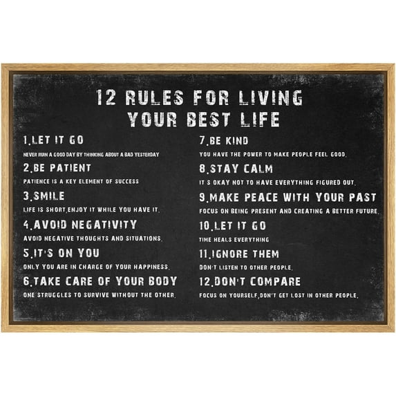 IDEA4WALL Framed Canvas Print 12 Rules for Living Your Best Life Inspirational Guide Illustrations Wall Art Contemporary Relax/Calm Artwork for Living Room, Bedroom, Office - 24"x36" NATURAL