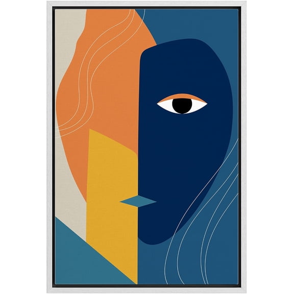 IDEA4WALL Framed Canvas Print Abstract Blue & Yellow Face Mask Illusion Culture Shapes Illustrations Pop Art Bohemian Colorful Ultra Decoration for Living Room, Bedroom, Office - White 24"x36"
