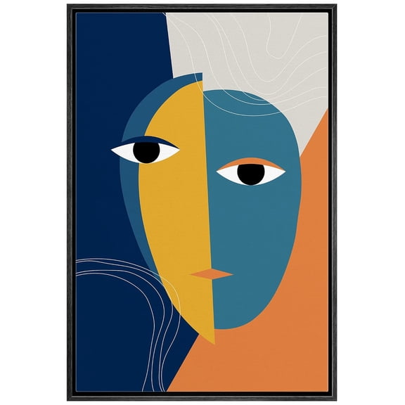 IDEA4WALL Framed Canvas Print Abstract Geometric Blue & Yellow Face Mask Illusion Culture Shapes Illustrations Pop Art Bohemian Colorful Ultra for Living Room, Bedroom, Office - Black 24"x36"