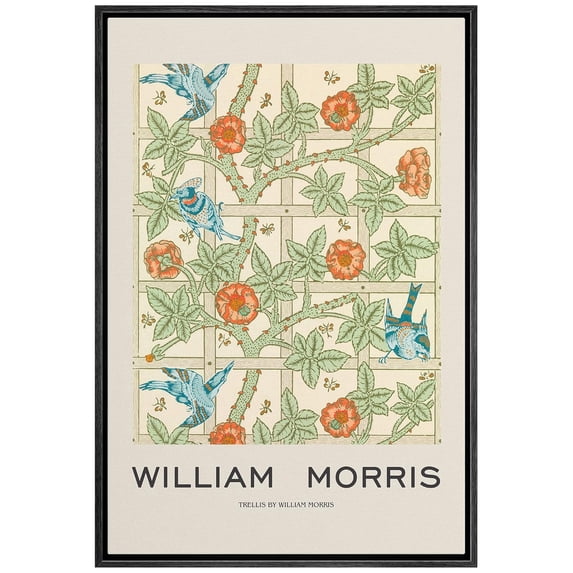 IDEA4WALL Framed Canvas Print Blue Garden Flower Trellis by William Morris Historic Cultural Illustrations Fine Art Traditional Floral Poster for Living Room, Bedroom, Office - Black 24"x36"