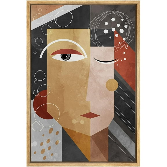 IDEA4WALL Framed Canvas Print Geometric Block Picasso-Style Face Abstract Shape Illustrations Pop Portrait Art Bohemian Colorful Ultra for Living Room, Bedroom, Office - Natural 24"x36"