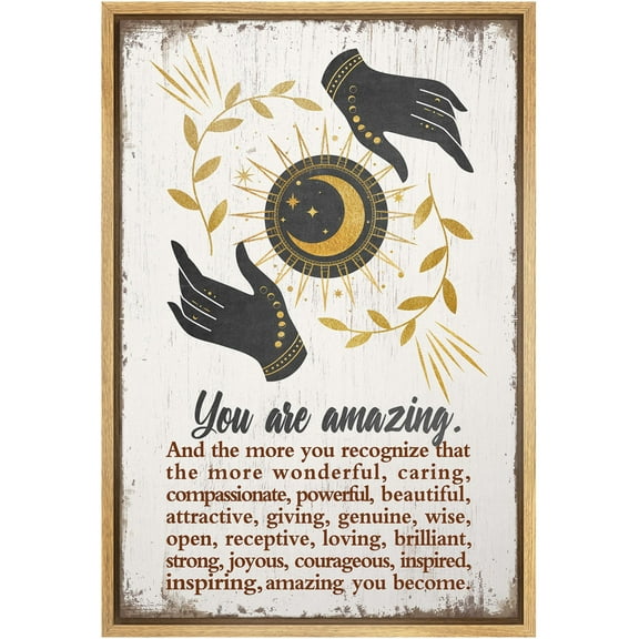 IDEA4WALL Framed Canvas Print Golden Sun and Moon with Hands Inspirational Illustrations Wall Art Abstract Artwork Contemporary Relax/Calm for Living Room, Bedroom, Office - 24"x36" NATURAL