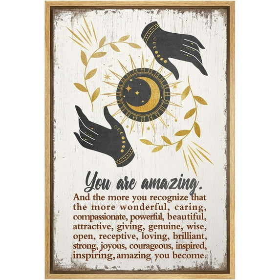 IDEA4WALL Framed Canvas Print Golden Sun and Moon with Hands Inspirational Illustrations Wall Art Abstract Artwork Contemporary Relax/Calm for Living Room, Bedroom, Office - 24"x36" NATURAL