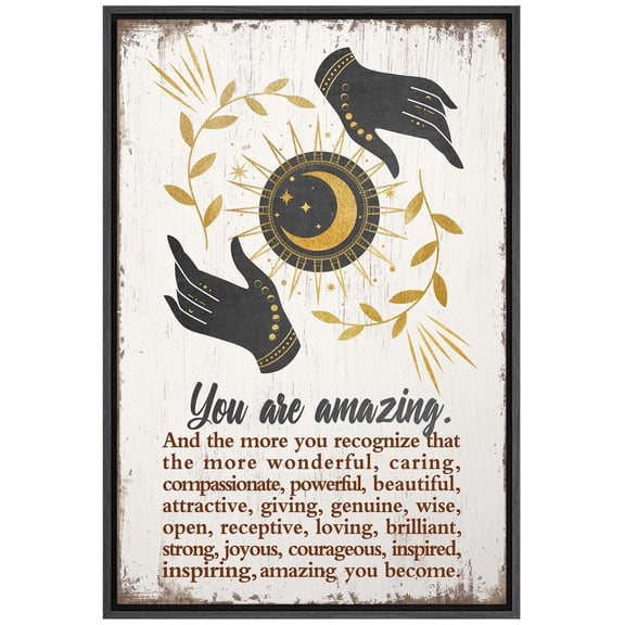 IDEA4WALL Framed Canvas Print Golden Sun and Moon with Hands Inspirational Illustrations Wall Art Abstract Artwork Contemporary Relax/Calm for Living Room, Bedroom, Office - 16"x24" BLACK