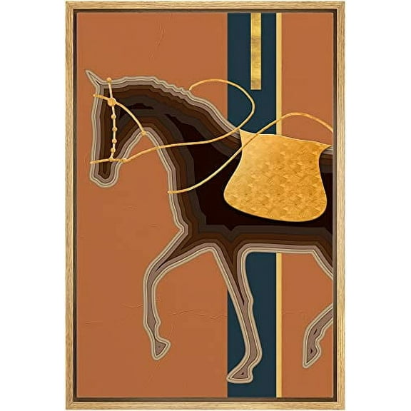 IDEA4WALL Framed Canvas Print Mid-Century Modern Gold Saddle Horse Animals Funny Wall Art Preppy Room Decor Bohemian Colorful Relax/Zen Artwork - Natural 16"x24"