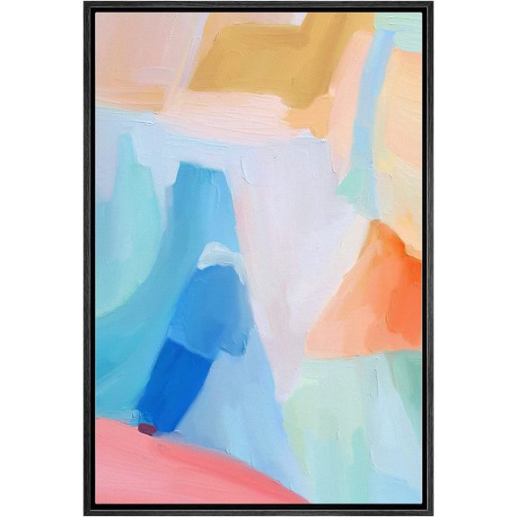 IDEA4WALL Framed Canvas Print Neon Blue Orange Watercolor Collage Geometric Abstract Wall Art Modern Artwork Decor Minimalism Relax/Zen for Living Room, Bedroom - Black 24"x36"