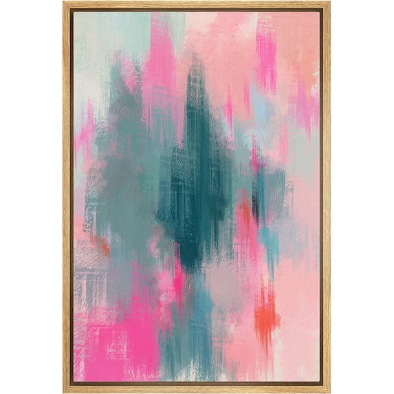 IDEA4WALL Framed Canvas Print Neon Pink & Blue Watercolor Collage Abstract Shape Wall Art Modern Artwork Decor Bohemian Colorful Chic for Living Room, Bedroom - Natural 24"x36"