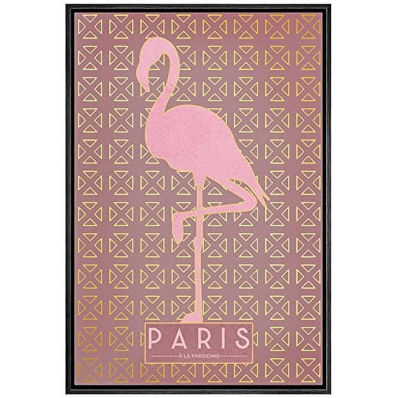IDEA4WALL Framed Canvas Print Paris Pink Flamingo Silhouette Pattern Animals Funny Wall Art Preppy Room Decor Bohemian Colorful Minimalism Artwork - Black 24"x36"