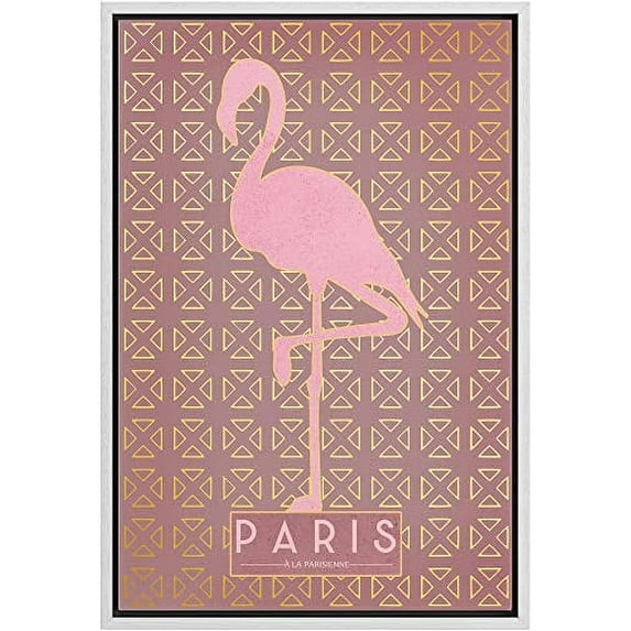 IDEA4WALL Framed Canvas Print Paris Pink Flamingo Silhouette Pattern Animals Funny Wall Art Preppy Room Decor Bohemian Colorful Minimalism Artwork - White 24"x36"