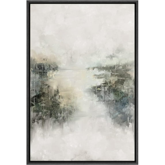 IDEA4WALL Framed Canvas Print Pastel Gray Teal Paint Landscape Abstract Shapes Wall Art Modern Artwork Decor Illustrations Bohemian Relax/Calm for Living Room, Bedroom - Black 24"x36"
