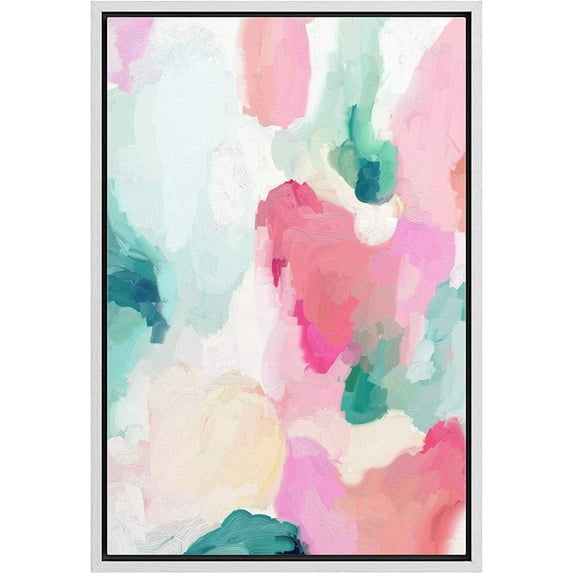 IDEA4WALL Framed Canvas Print Pastel Pink, Green & Yellow Paint Strokes Abstract Shape Wall Art Modern Artwork Decor Bohemian Colorful Chic for Living Room, Bedroom - White 16"x24"