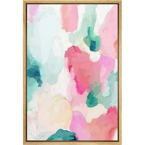 IDEA4WALL Framed Canvas Print Pastel Pink, Green & Yellow Paint Strokes Abstract Shape Wall Art Modern Artwork Decor Bohemian Colorful Chic for Living Room, Bedroom - Natural 16"x24"