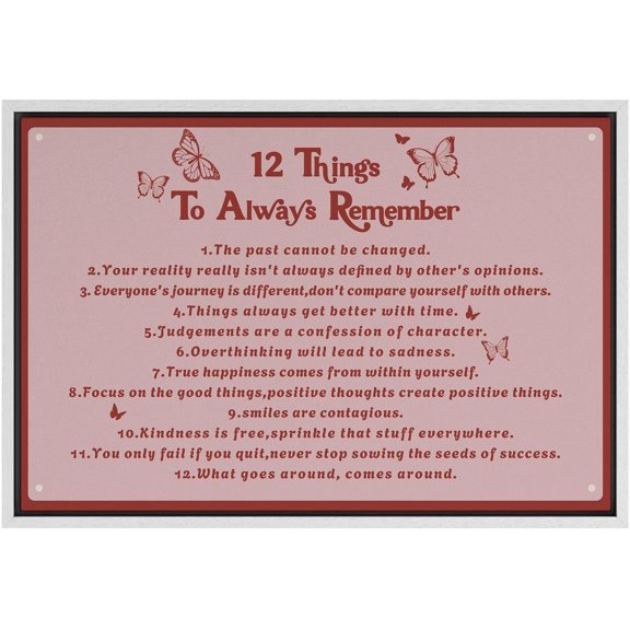 IDEA4WALL Framed Canvas Print Positive Life Reminders 12 Things To Always Remember Inspirational Quote Illustrations Wall Art Relax/Calm for Living Room, Bedroom, Office - 16"x24" WHITE