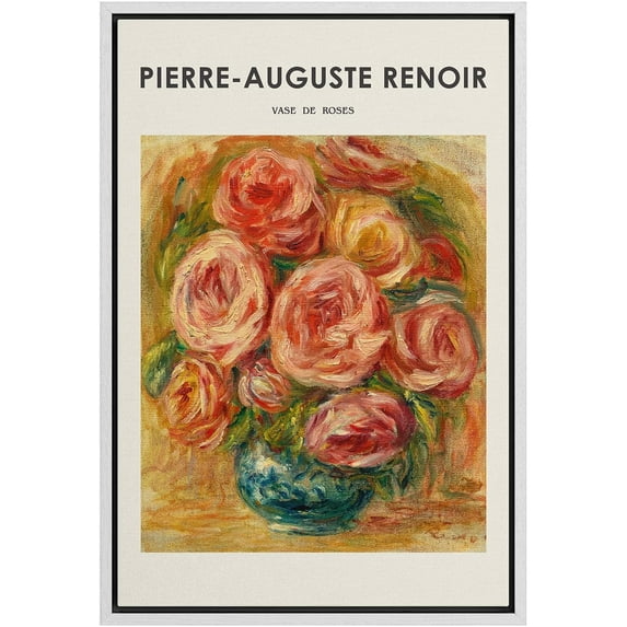 IDEA4WALL Framed Canvas Print Vase of Roses by Pierre-Auguste Renoir Traditional Cultural Illustrations Fine Art Vintage Floral Poster for Living Room, Bedroom, Office - White 24"x36"