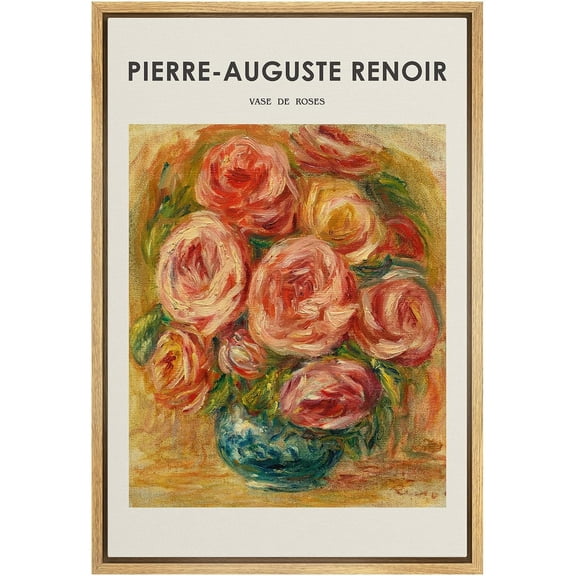 IDEA4WALL Framed Canvas Print Vase of Roses by Pierre-Auguste Renoir Traditional Cultural Illustrations Fine Art Vintage Floral Poster for Living Room, Bedroom, Office - Natural 24"x36"