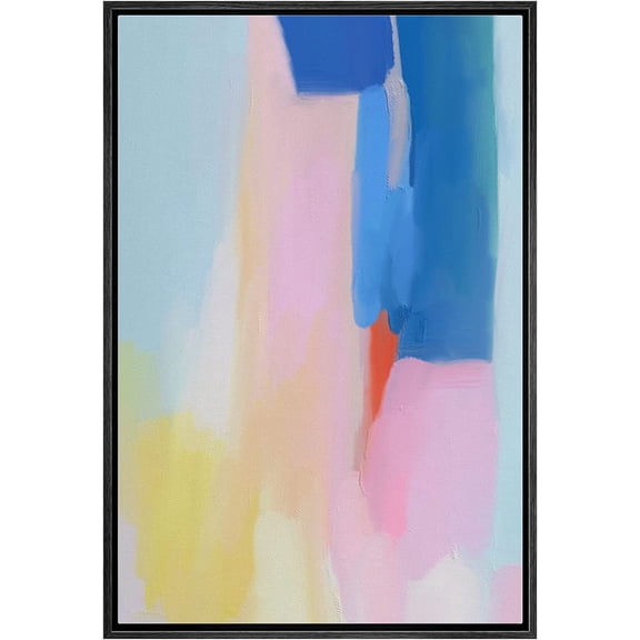 IDEA4WALL Framed Canvas Print Vibrant Blue Pink Yellow Color Field Abstract Shape Wall Art Modern Artwork Decor Bohemian Colorful Relax/Zen for Living Room, Bedroom - Black 16"x24"