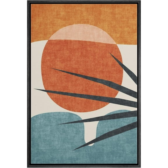 IDEA4WALL Framed Canvas Print Wall Art Abstract Blue Palm Tree & Red Sun Geometric Shapes Illustrations Modern Art Mid-Century Modern Ultra for Living Room, Bedroom, Office - 16"x24" Black