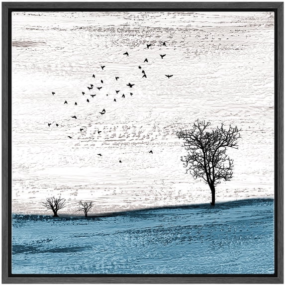 IDEA4WALL Framed Canvas Print Wall Art Birds Fly over Blue Field with Trees Animals Landscape Nature WildLife Scenery Wall Decorative Rustic Scenic Relax/Calm for Rooms - 24"x24" Black