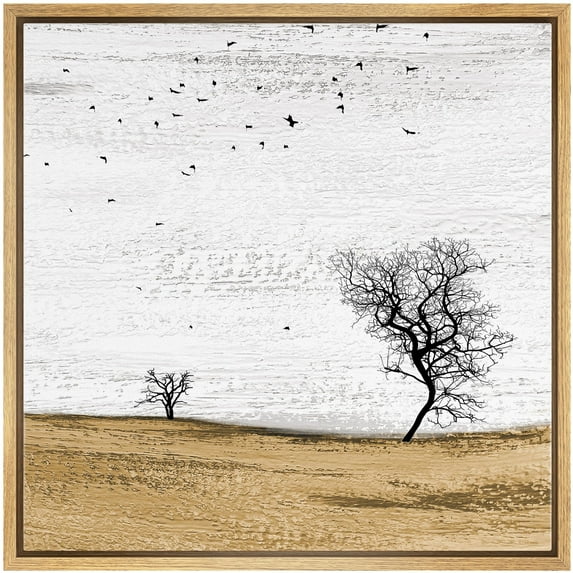 IDEA4WALL Framed Canvas Print Wall Art Birds Fly over Brown Field with Tree Animals Landscape Nature WildLife Scenery Wall Decorative Rustic Scenic Relax/Calm for Rooms - 16"x16" Natural