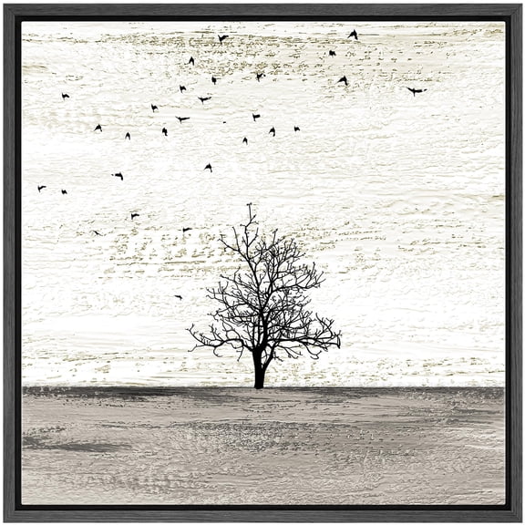 IDEA4WALL Framed Canvas Print Wall Art Birds Fly over Field with Tree Landscape Nature Wildlife Scenery Animals Abstract Wall Decorative Rustic Scenic Relax/Calm for Rooms - 24"x24" Black