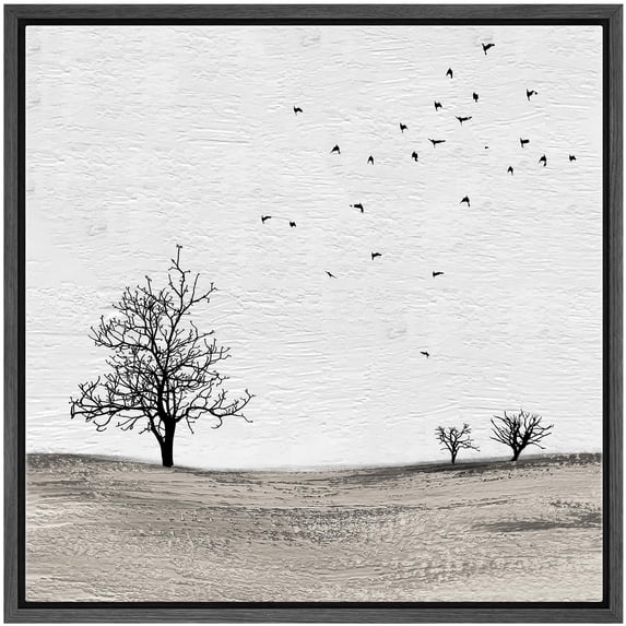 IDEA4WALL Framed Canvas Print Wall Art Birds Fly above Gray Field with Trees Animals Landscape Nature WildLife Scenery Wall Decorative Rustic Scenic Relax/Calm for Rooms - 24"x24" Black