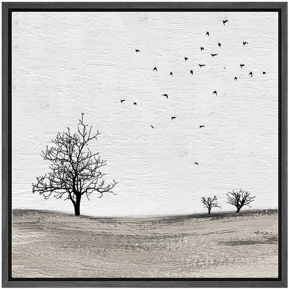 IDEA4WALL Framed Canvas Print Wall Art Birds Fly above Gray Field with Trees Animals Landscape Nature WildLife Scenery Wall Decorative Rustic Scenic Relax/Calm for Rooms - 24"x24" Black