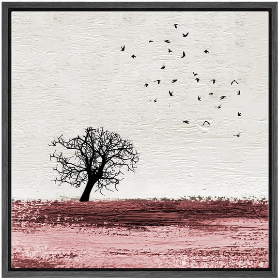 IDEA4WALL Framed Canvas Print Wall Art Birds Fly over Pink Field with Tree Animals Landscape Nature WildLife Scenery Wall Decorative Rustic Scenic Relax/Calm for Rooms - 24"x24" Black
