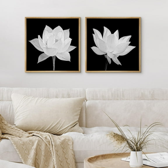 IDEA4WALL Framed Canvas Print Wall Art Black and White Lotus Flower Pattern Artwork Nature Wilderness Botanical Modern Art Realism Wall Decorative Relax/Calm for Rooms - 24"x24"x2 Natural