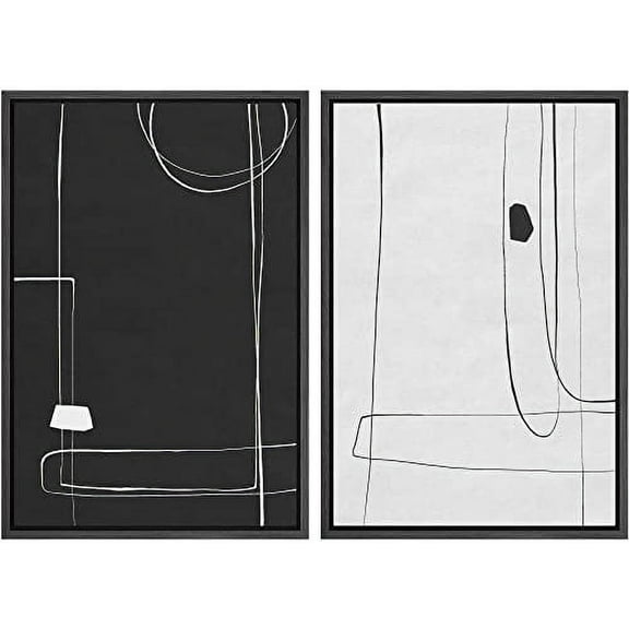 IDEA4WALL Framed Canvas Print Wall Art Black and White Minimalist Line Art Collage Abstract Shapes Modern Boho Relax/Calm Chic for Living Room, Bedroom, Office - 24"x36"x2 Black