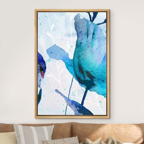 IDEA4WALL Framed Canvas Print Wall Art Blue Tulip Display with Watercolor Paint Effect Floral Botanical Pastel Modern Art Rustic Wall Decor for Living Room, Bedroom, Office - 16"x24" Natural