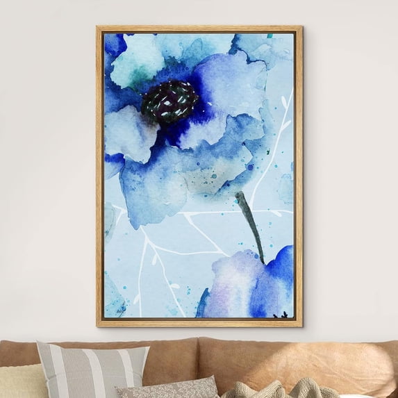 IDEA4WALL Framed Canvas Print Wall Art Blue Watercolor Explosion Anemone Display Floral Botanical Modern Art Rustic Colorful Multicolor Wall Decor for Living Room, Bedroom, Office - 16"x24" Natural