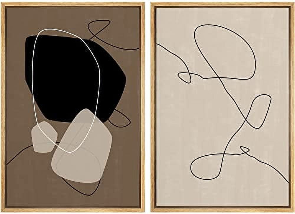 Modern Abstract Black and Beige Framed Canvas Wall Art Set