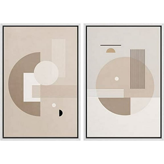 IDEA4WALL Framed Canvas Print Wall Art Brown and White Geometric Mid-Century Polygons Abstract Shapes Modern Boho Relax/Calm Chic for Living Room, Bedroom, Office - 16"x24"x2 White