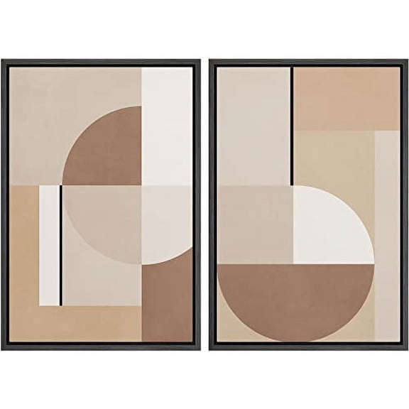 IDEA4WALL Framed Canvas Print Wall Art Brown and White Mid-Century Geometric Symbols Abstract Shapes Modern Boho Relax/Calm Chic for Living Room, Bedroom, Office - 24"x36"x2 Black