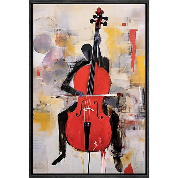 IDEA4WALL Framed Canvas Print Wall Art Cellist Playing Cello Wall Decor Vintage Classic Colorful Print Street Artisc Artwork Multicolor Contemporary for Home Decoration - Black 24"x36"