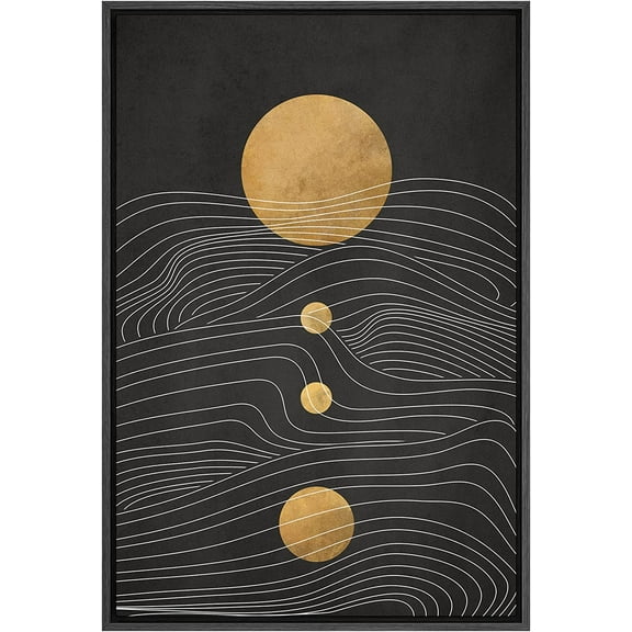 IDEA4WALL Framed Canvas Print Wall Art Geometric Black Gold Circle Landscape Abstract Shapes Illustrations Modern Art Decor Bohemian Relax/Calm for Living Room, Bedroom, Office - Black 16"x24"