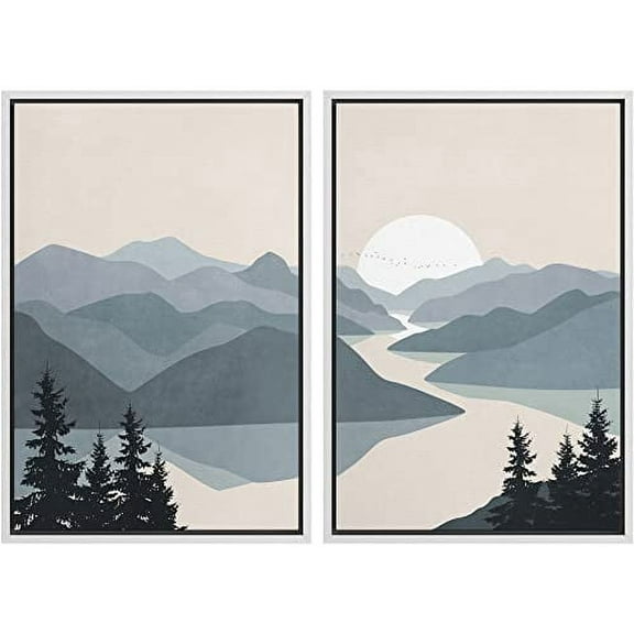 IDEA4WALL Framed Canvas Print Wall Art Green Pastel Watercolor Mountain Forrest Lake Valley Abstract Shapes Modern Landscape Nature for Living Room, Bedroom, Office - 24"x36"x2 White