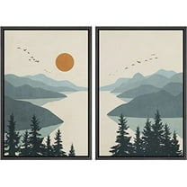 IDEA4WALL Framed Canvas Print Wall Art Green Pastel Watercolor Mountain Valley, Birds, River Abstract Landscape Modern Art for Living Room, Bedroom, Office - 16"x24"x2 Black