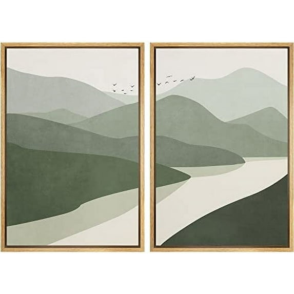 IDEA4WALL Framed Canvas Print Wall Art Green Pastel Watercolor Mountain Valley and River Abstract Shapes Modern Landscape Nature for Living Room, Bedroom, Office - 24"x36"x2 Natural