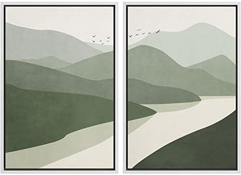 IDEA4WALL Framed Canvas Print Wall Art Green Pastel Watercolor Mountain ...