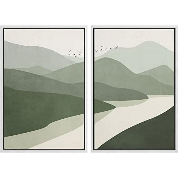 IDEA4WALL Framed Canvas Print Wall Art Green Pastel Watercolor Mountain Valley and River Abstract Shapes Modern Landscape Nature for Living Room, Bedroom, Office - 24"x36"x2 White