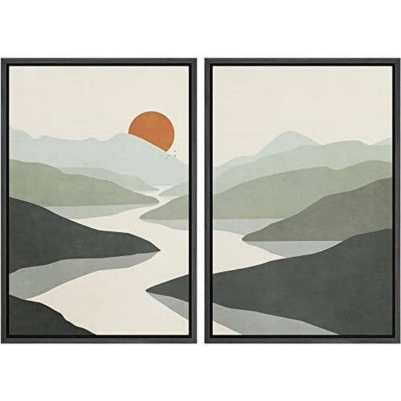 IDEA4WALL Framed Canvas Print Wall Art Green Pastel Watercolor Mountain Valley and Sun Abstract Shapes Modern Landscape Nature for Living Room, Bedroom, Office - 24"x36"x2 Black