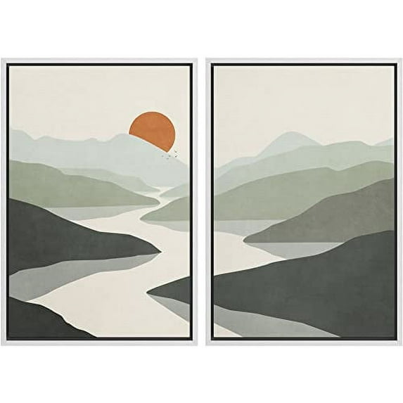 IDEA4WALL Framed Canvas Print Wall Art Green Pastel Watercolor Mountain Valley and Sun Abstract Shapes Modern Landscape Nature for Living Room, Bedroom, Office - 16"x24"x2 White