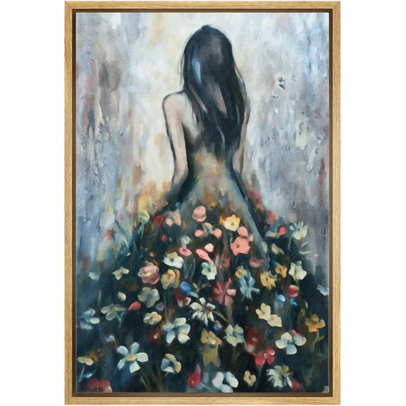 IDEA4WALL Framed Canvas Print Wall Art Long Hair Lady with Flower Skirt Wall Decor Vintage Classic Abstract Print Retro Female Silhouette Artwork Contemporary for Room Decor - 16"x24" Natural